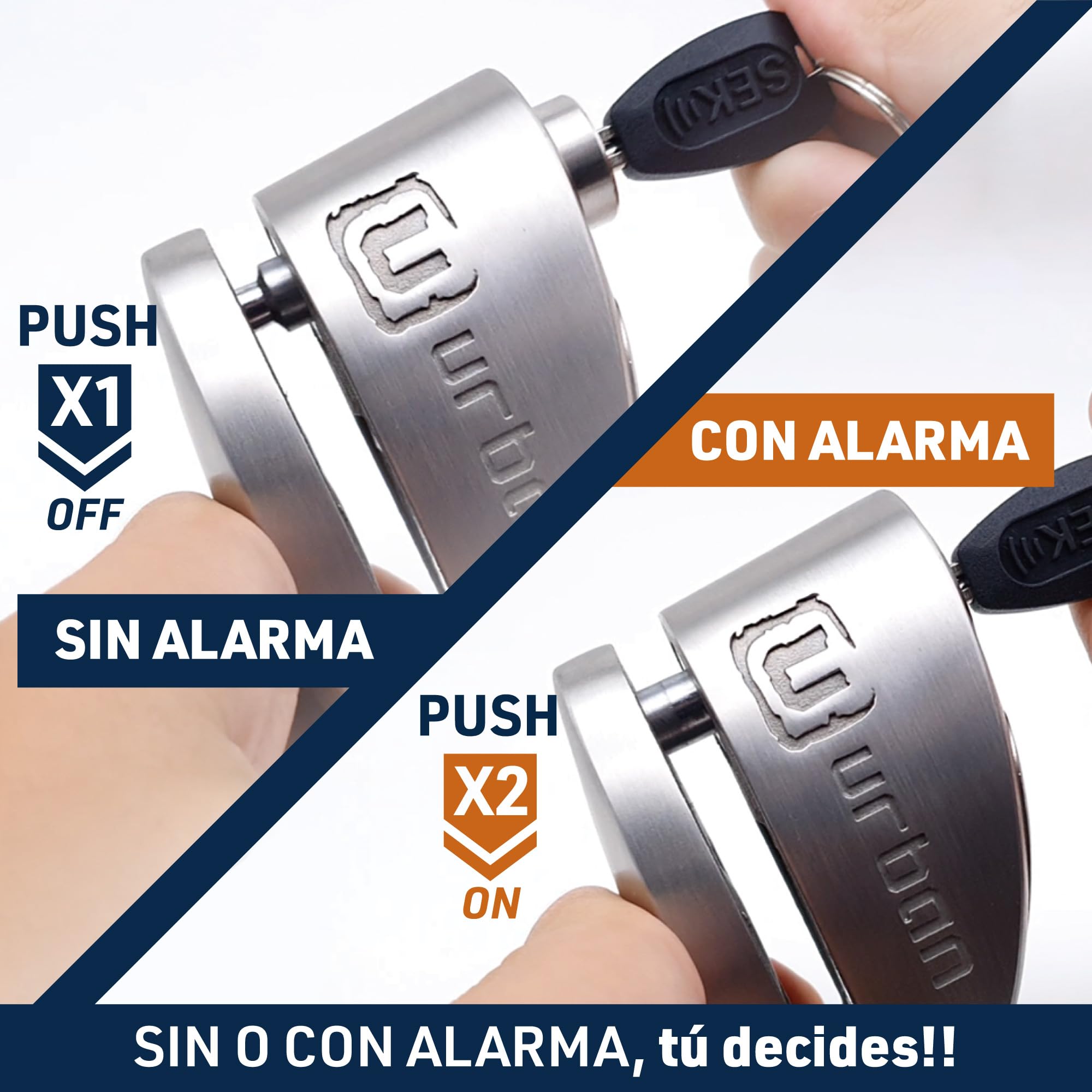 URBAN UR910S Candado Moto Disco Sin o con Alarma X2-ON 120dB, Alta Seguridad Homologado Sra, Doble Cierre 10mm Anti-Sierra, Acero Inoxidable, Pila CR2 Larga Duración, Bloqueo Pinza Antirrobo Scooter
