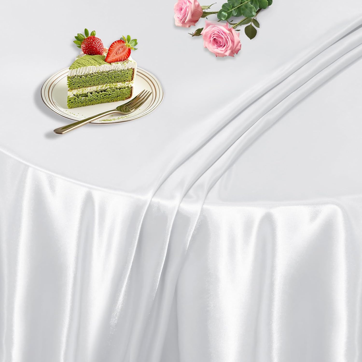 KKJIAF 1 Pack 108 Inch Round Table Cloth, White Overlay Round Satin Table Cover, Silky Satin Dining Tablecloths for Wedding Buffet Parties Banquet Decoration - Image 5