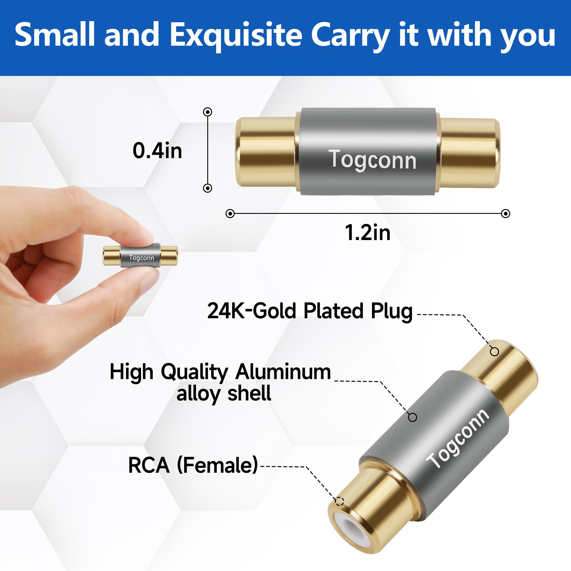 Paquete de 4 adaptadores RCA, 2 acopladores RCA hembra a hembra y 2 acopladores RCA macho a macho, chapado en oro para extensión de cable RCA, altavoz, amplificador