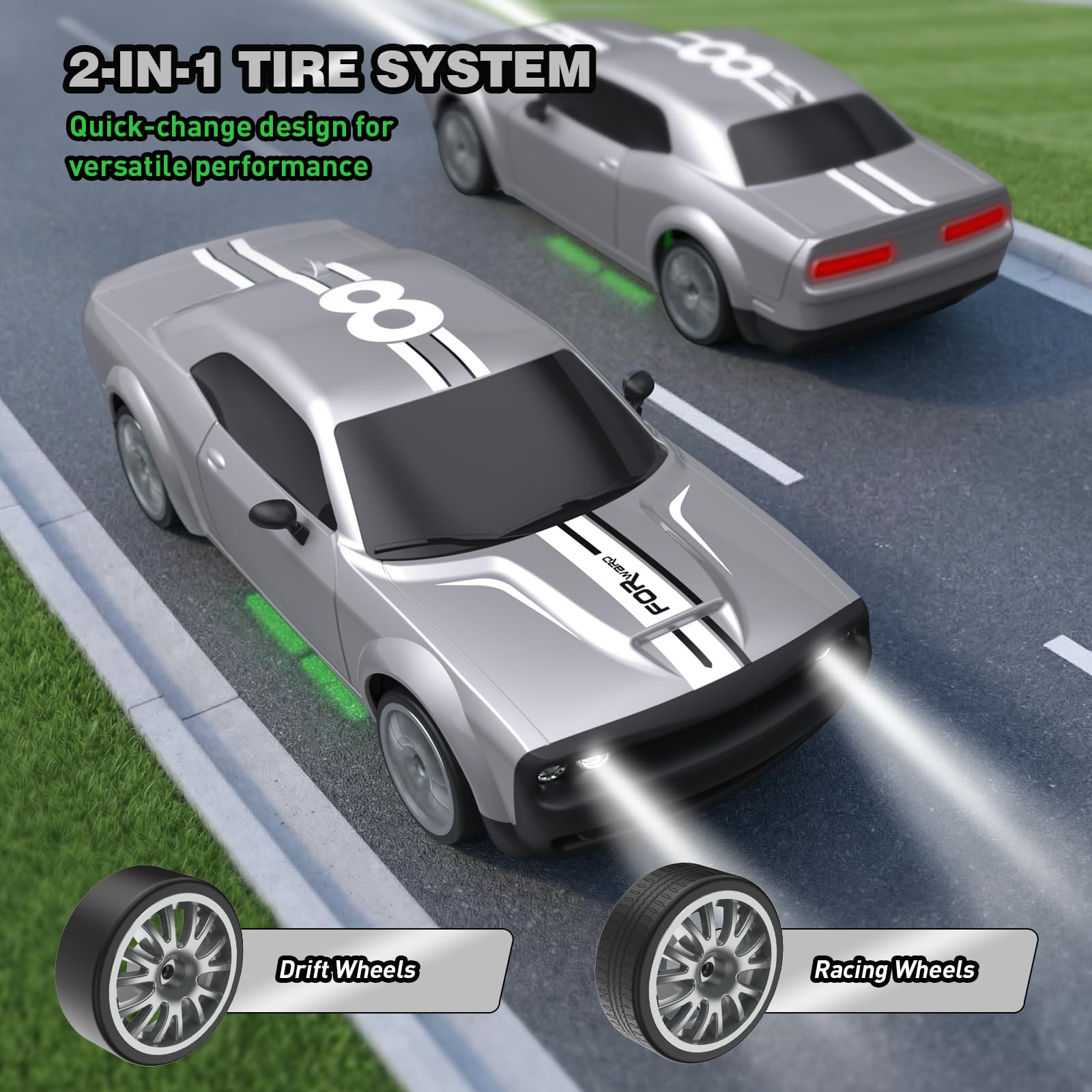 RC Drift Car 1:20 Macchina Telecomandata 2,4 GHz 4WD Auto Telecomandata 20 KM/H Auto da Corsa Telecomandata con fari da lavoro, 2 Batterie Ricaricabili,regalo per adulti e bambini (argenteo)