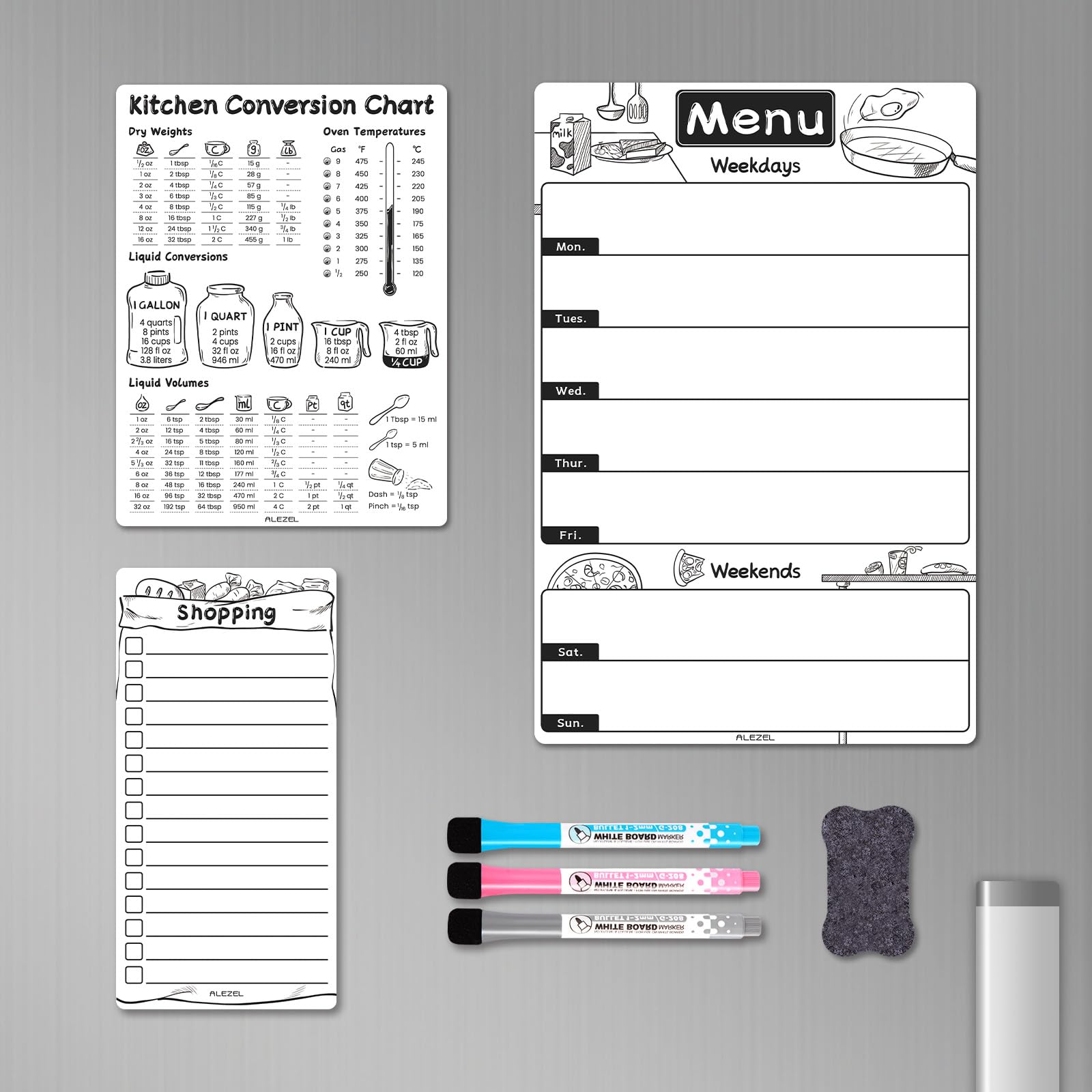 Dry Erase Menu Board for Fridge Magnetic, Weekly Meal Planner Whiteboard Set for Refrigerator - Menu White Board for Kitchen with Conversion Chart & List Board, 3 Markers + Eraser