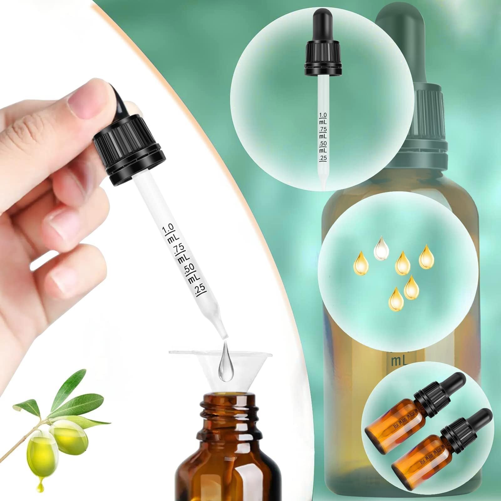 Bottigliette Contagocce in Vetro Marrone 50ml - Confezione da 2 con Contagocce & Accessori, Antigoccia per Oli Essenziali & Aromaterapia(10ml 18pcs)