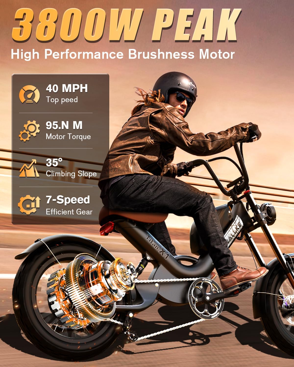 Wallke Titan X1 HIGH-END Retro Carbon Fiber Frame Electric Bike Fat Tire, 3800W 40MPH Fast E Bike 48V 30Ah, Lightweight Ebikes for Adults, 20x 5.0 Puncture-Proof Tire Harley Electric Bicycles for Men