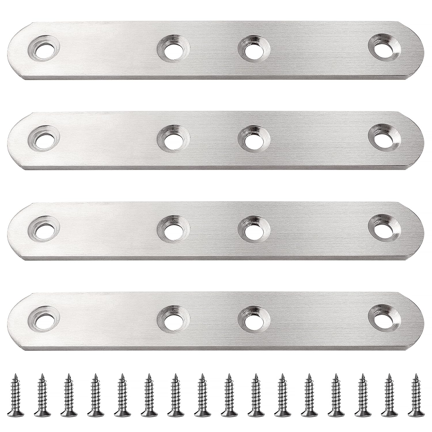 VooGenzek 4 PCS 125x20x2.5 mm Flat Straight Brace Bracket, Stainless Steel Flat Plate Brackets, Mending Joining Plates, Repair Straight Brace Flat Corner, with 16 PCS Screws, for Furniture Wood