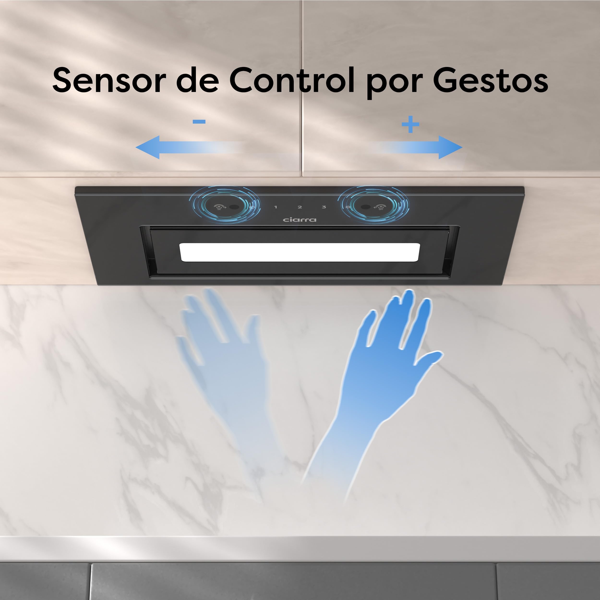 CIARRA CBCB6931B Cappa Aspirante Incasso 60cm Classe A- 460m³/h - 3 Velocità - Doppia Modalità -Controllo Gestuale-Facile Installazione-Con Carbone Attivo CBCF055 - Acciaio Inox Nero