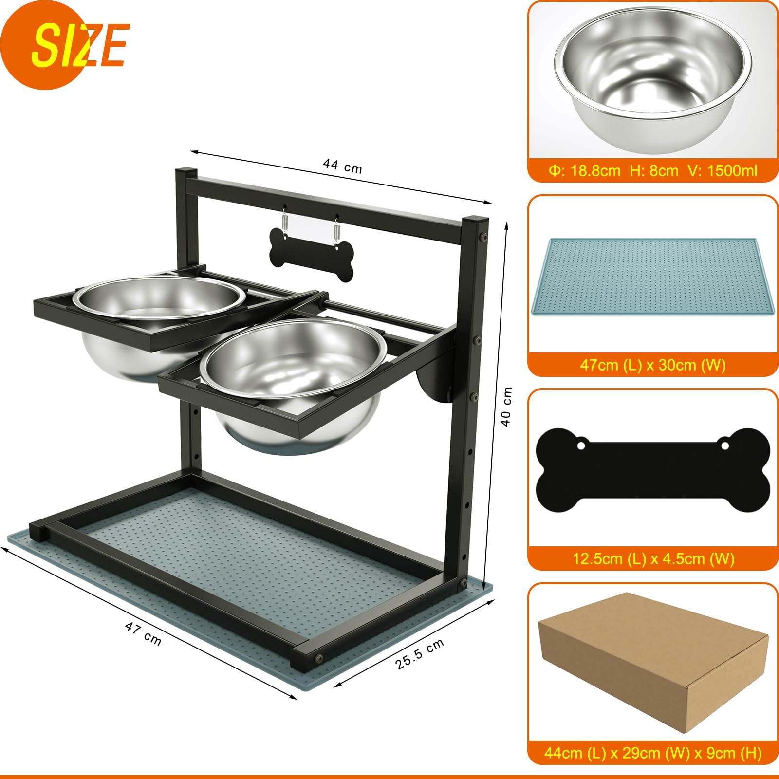 Cuencos elevados para perros con 4 altura ajustable e inclinación de 10°, 2 cuencos de comida para perros de acero inoxidable (1,5 L x 2) y alfombrilla a prueba de fugas, soporte elevado para perros