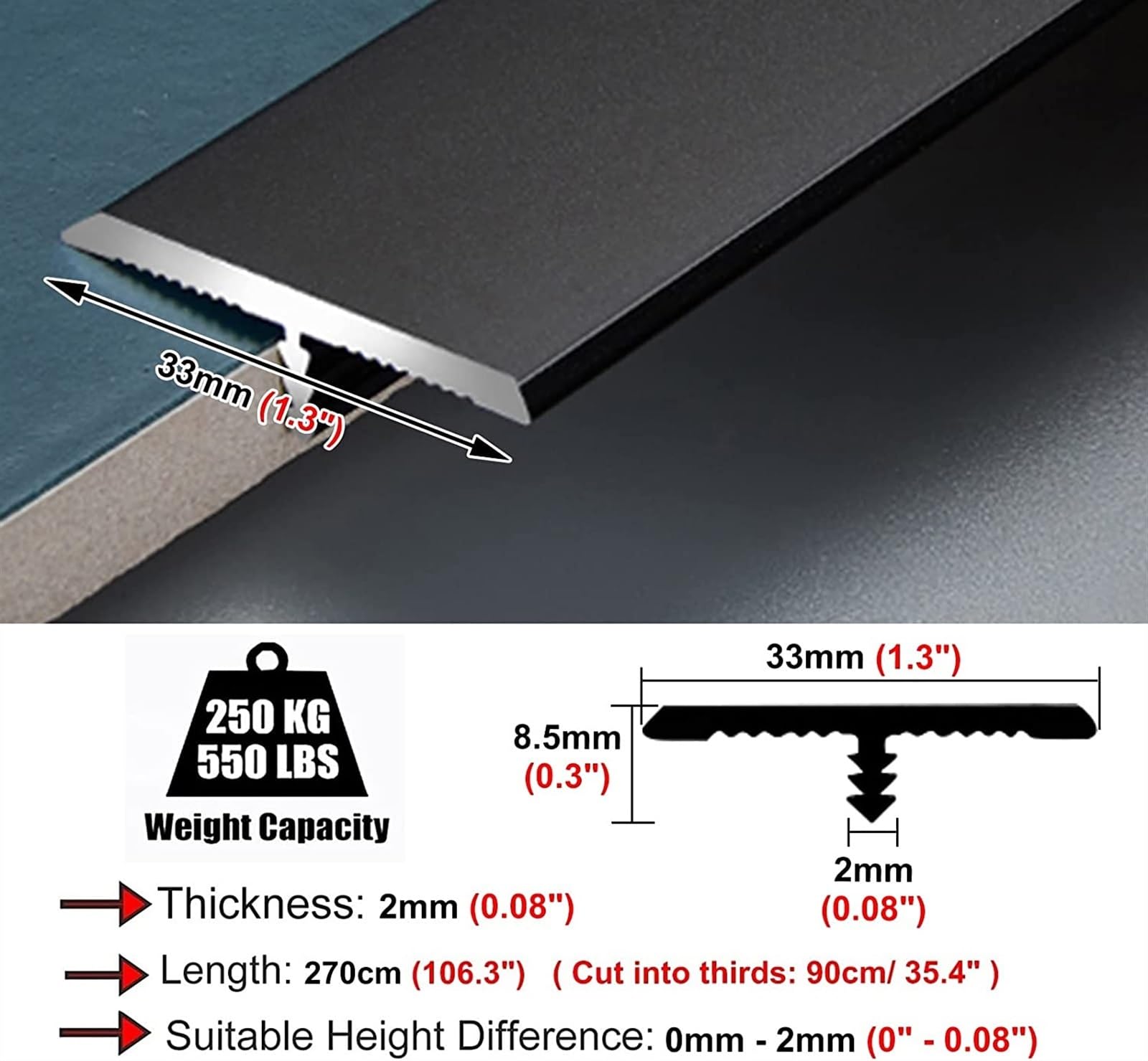 Profilo di Transizione, Striscia di Soglia, Rifinitura for bordi da pavimento a laminato in vinile, for la copertura di giunzioni tra piastrelle e legno, transizioni lisce(Black)