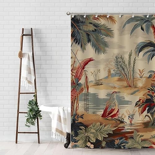 Miniatura 145 de Cortinas de ducha de baño con ganchos, 72 x 92 pulgadas, cortina de ducha de tela impermeable con diseño de flores y pájaros, cortina de ducha