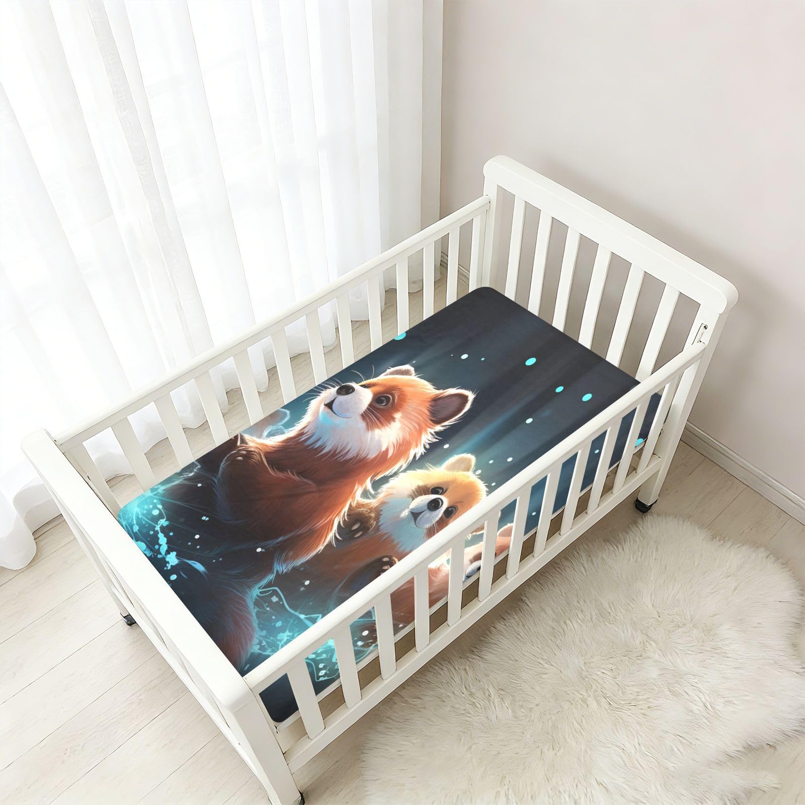 Espacio De Dibujos Animados Pandas Rojos Sábana de Cuna para Niños Pequeños,Sábanas de Algodón Suave para Bebés Aptas para Colchón Corralito