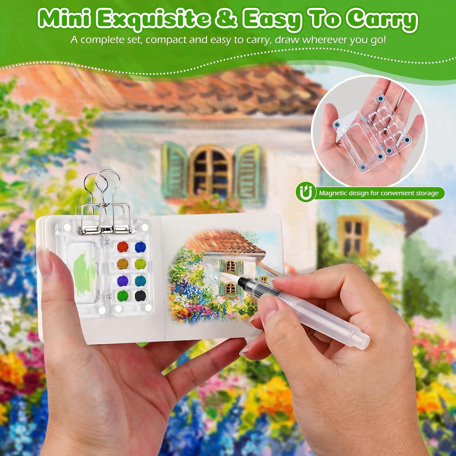 Portable Watercolor Palette, Drawing Palette, Mini Travel Watercolor Painting Palette Mini Wooden Magnetic Palette for Artists, Beginners (8 Grids 24 Colors)