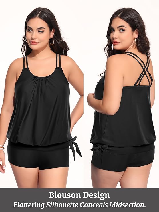 Holipick Women Plus Size 2 Piece Tankini Swimsuit Tummy Control Blouson Bathing Suits Thin Strap Tank Top with Boy Shorts