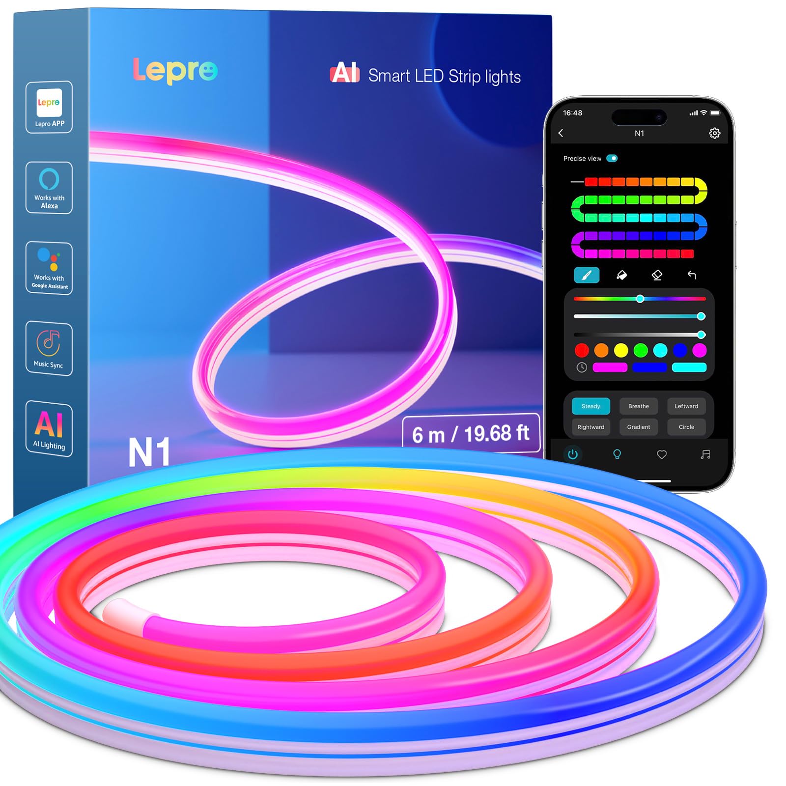 Lepro Neon AI LED Strip 6m, RGB LED Streifen mit App-, Musik- und Sprachsteuerung, kompatibel mit Alexa & Google Assistant, für Wohnzimmer, Gaming, Party, Wanddeko, Personalisierter KI-Lichtdesigner