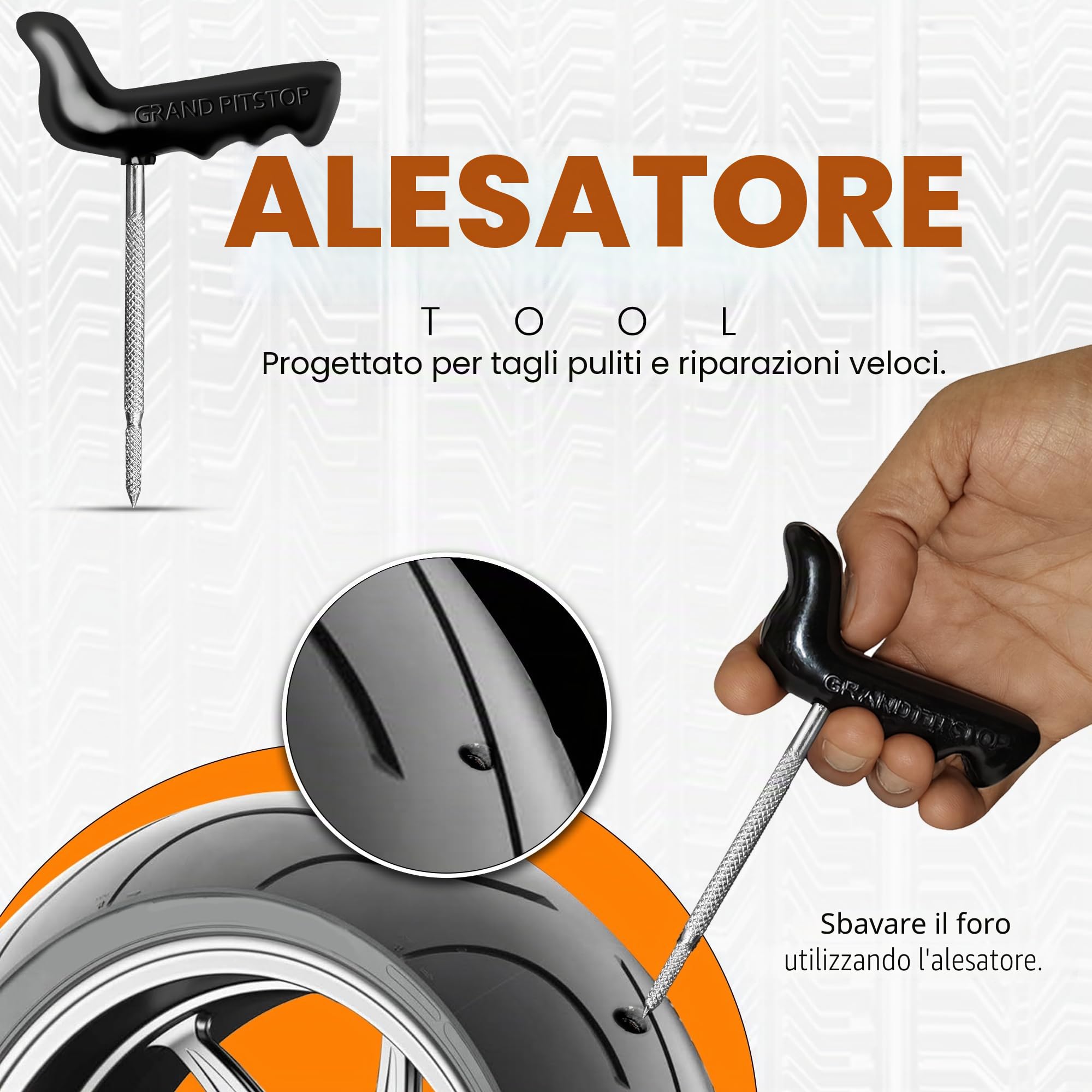 GRAND PITSTOP Kit di Riparazione per forature di Pneumatici tubeless con Tappo a Fungo per forature e forature su Auto, Moto, ATV, Camion e trattori (Kit per forature con Pistola 15 Tappi, Argento