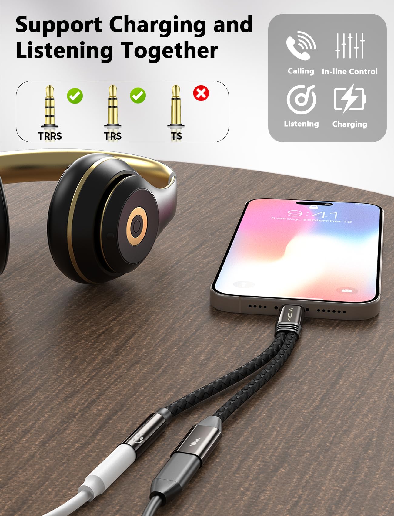 VIOY USB C to 3.5mm Headphone and Charger Adapter-2 in 1 Type C to Aux and Charger Splitter with PD 60W Fast Charging and Data Transfer for iPhone 16/15 Pro,iPad Pro,Samsung Galaxy S22 S21 S20,Pixel