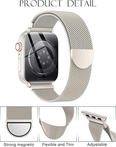 Miniatura 4 de Paquete de 2 Correa milanesa original compatible con Apple Watch Band de 1.614, 1.575, 1.496 pulgadas, correas de repuesto con cierre magnético de