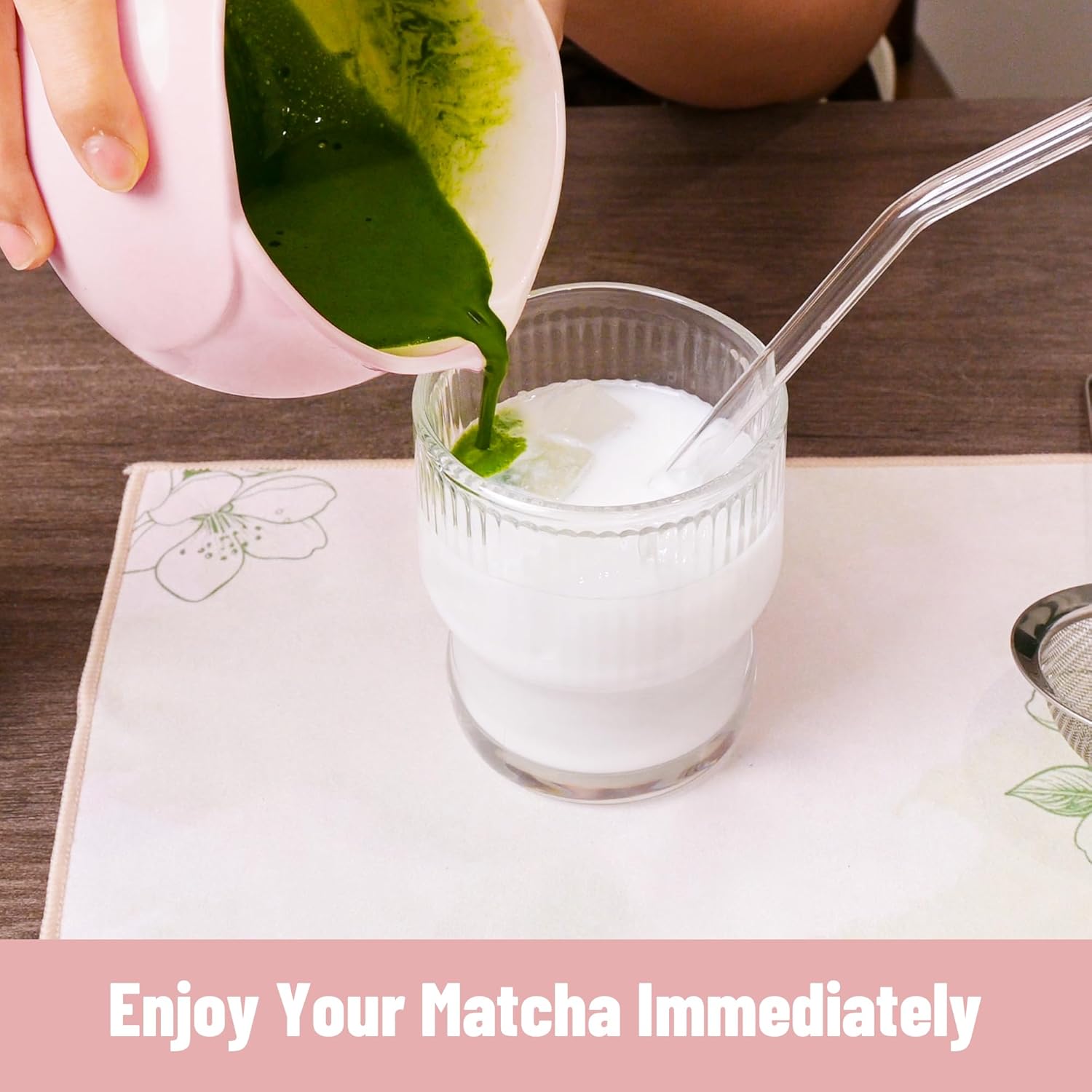 Matcha Whisk Set - 8 Pieces Japanese Matcha Set with Floral Ceramic Bowl, Includes Bamboo Whisk, Scoop, Sifter & Towel, Matcha Kit for Traditional Tea Making (Ombre Pink)