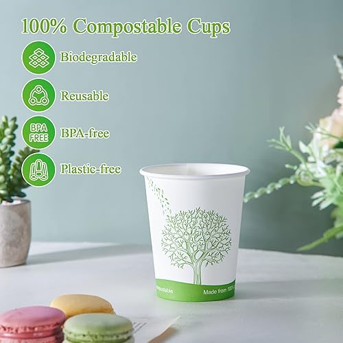 Miniatura 10 de ECOLipak 210 tazas compostables de 16 onzas, vasos de papel desechables biodegradables con forro de ácido poliláctico (PLA), tazas de café de papel