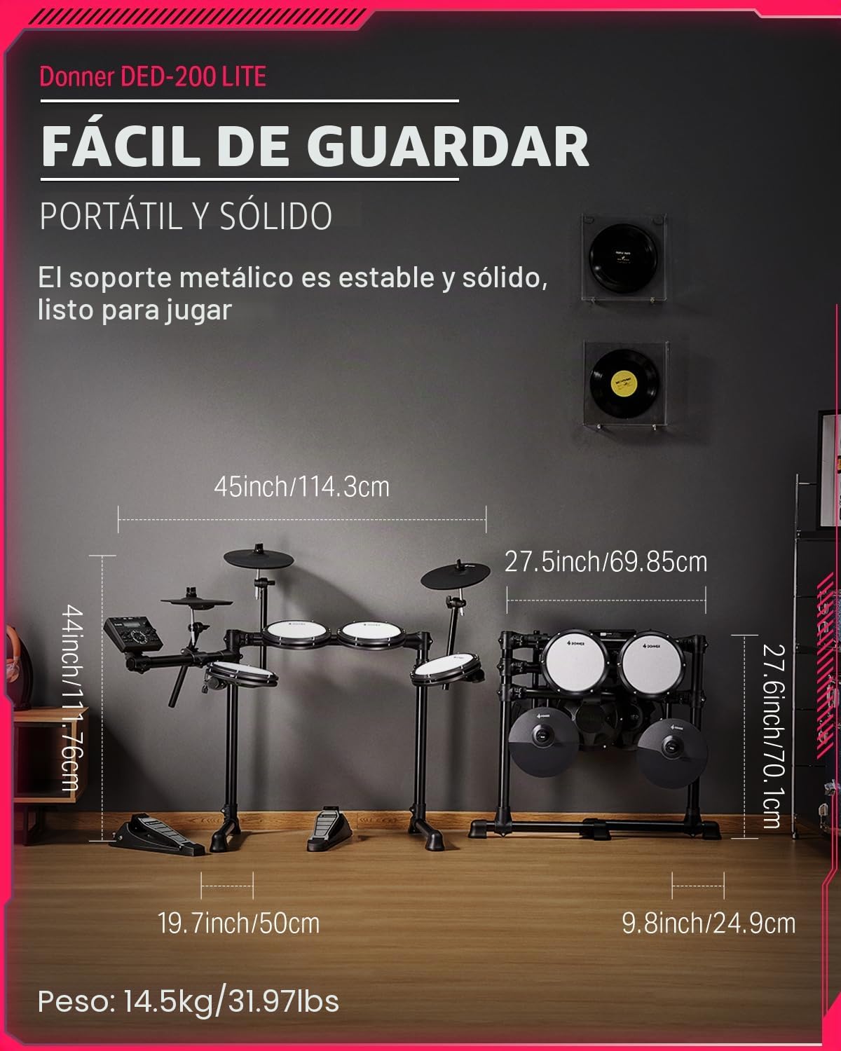 Batería Electrónica, Donner DED-200LITE Kit de Batería Eléctrica para Principiantes con más de 450 Sonidos, USB MIDI Parches de Malla Silenciosos Banqueta Auriculares Baquetas 40 Lecciones de Melodics