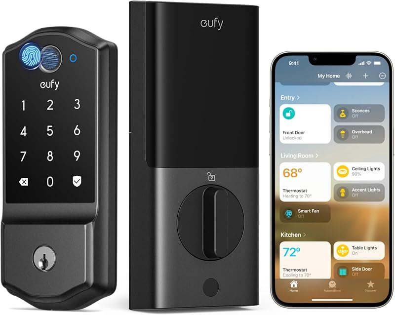 Smart Lock E32, Cerradura de puerta de entrada sin llave con huella digital | 8 pilas AA, duración de la batería de 8 meses, soportes Matter, Apple Home, Google Home y Alexa, cerrojo de cerradura inteligente para puerta principal
