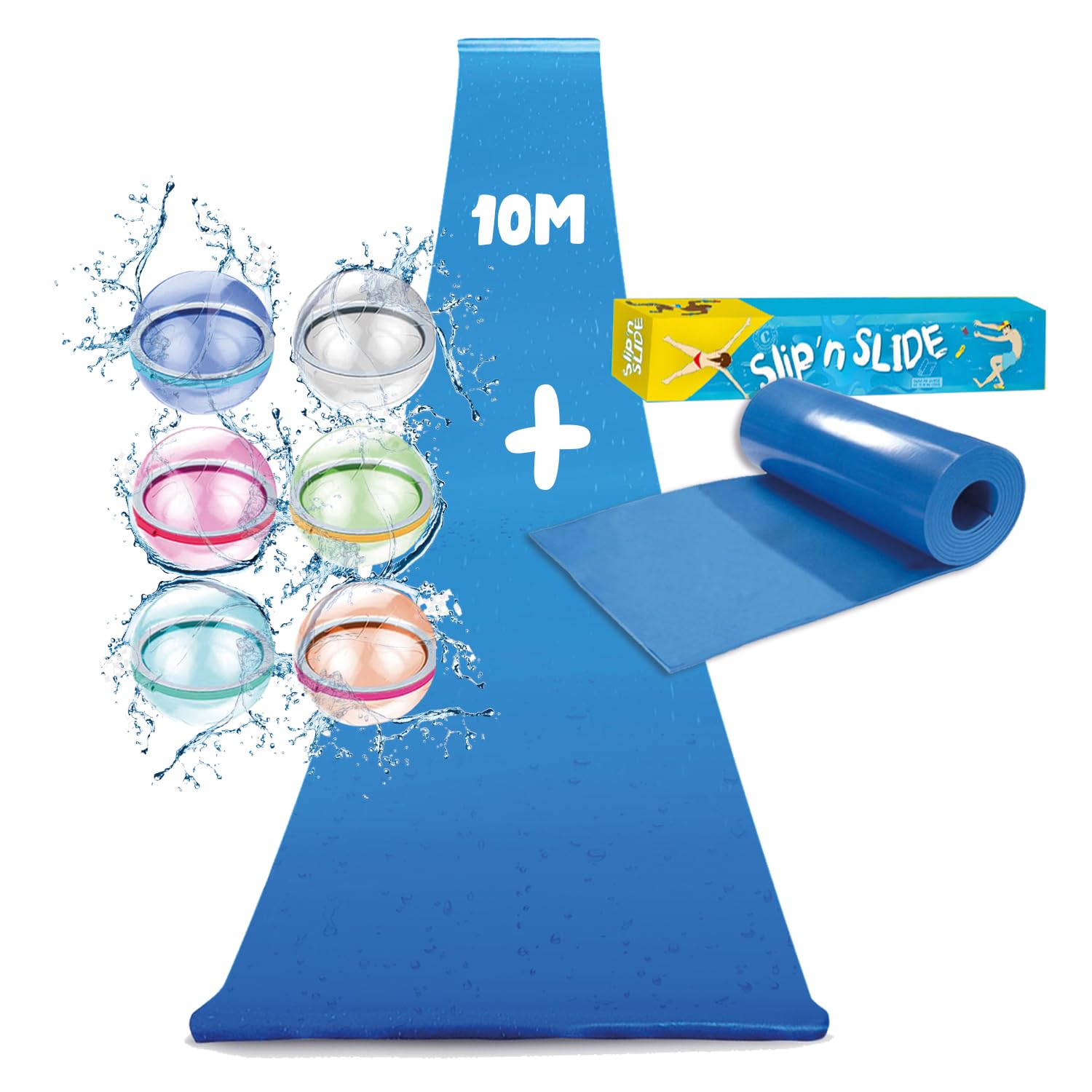 XXL Giant Slip'n Slide Pack | 1Slide Mat 10 Meters + 6 Rechargeable Silicone Water Bombs | Slip'n Slide | Fun and Unusual Outdoor Water Game | OriginalCorner