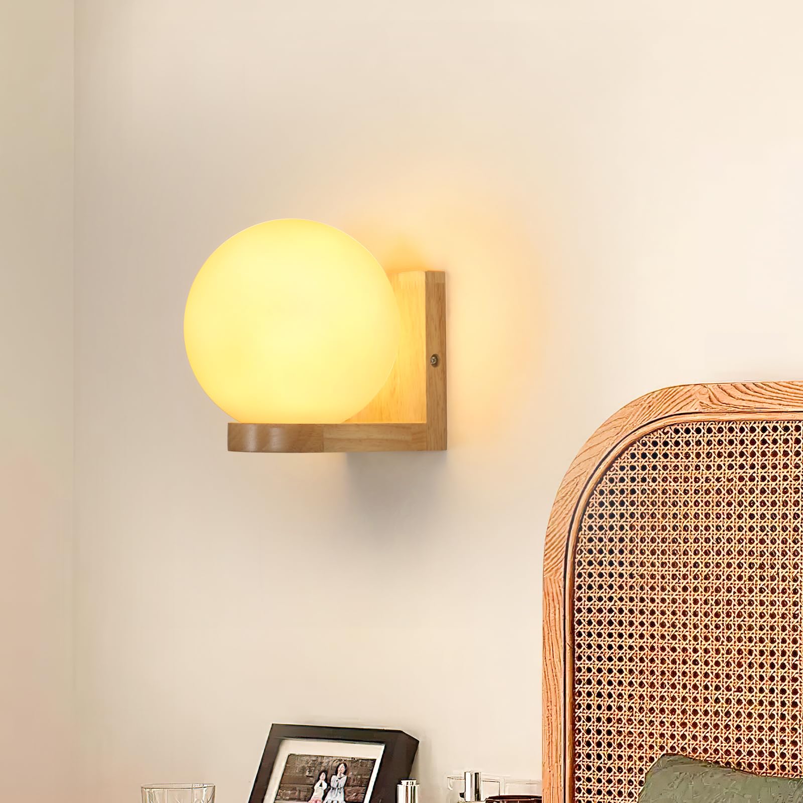 Tealight Applique da Parete Interno in Legno, Lampada da Parete Interno Vintage E27 per Camera da Letto, Lampada a Muro Palla di Vetro per Soggiorno Corridoio(Senza Lampadina), Wall Light Wood Round