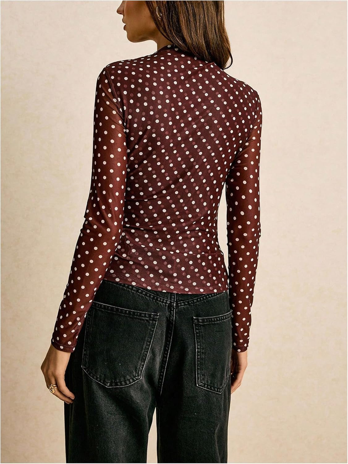 Milumia Women's Mock Neck Polka Dots Top Elegant Long Sleeve Mesh Ruched Fitted Tops - Image 3