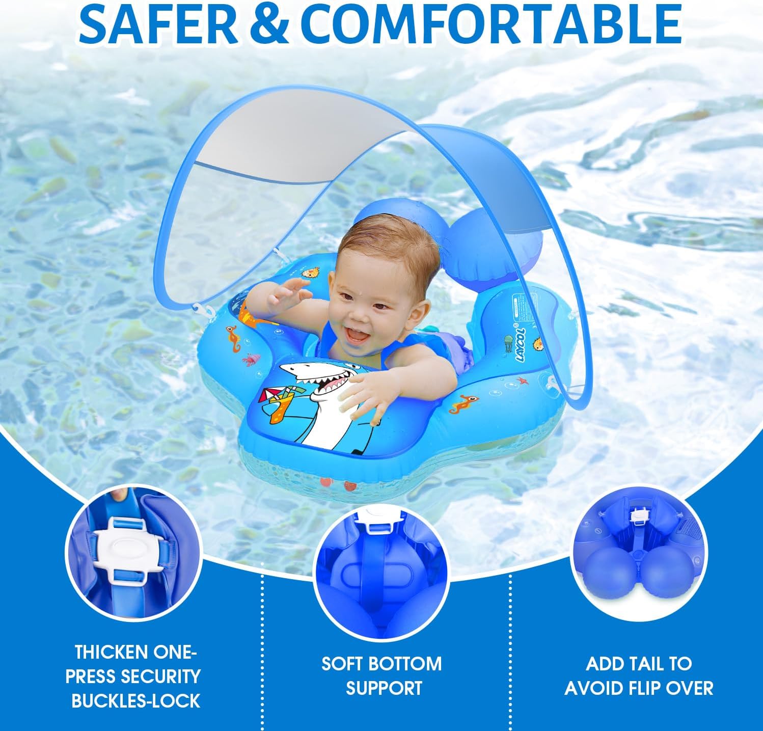 LAYCOL Baby Swimming Float with UPF50+ Sun Canopy Baby Floats for Pool No Flip Overbaby Pool for Baby Age of 3-36 Months