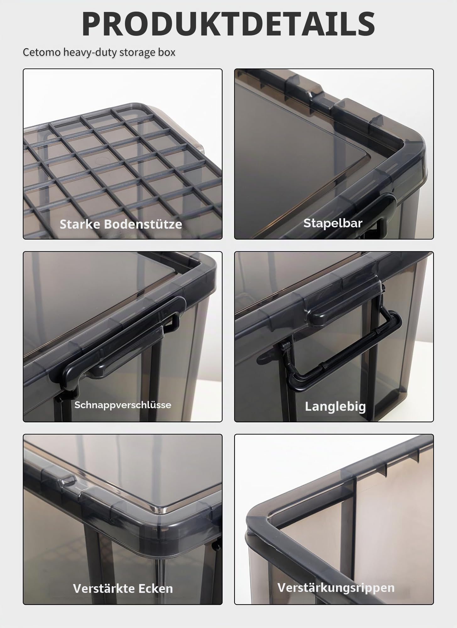 Cetomo 50L*3 Heavy-Duty Aufbewahrungsboxen, Stapelbare Kunststoffbox mit Deckeln, Robuster Behälter mit verstärkten Ecken & Einrastverschlüssen, Langlebig, Stabil, Transparent Schwarz, 50L-3er Set
