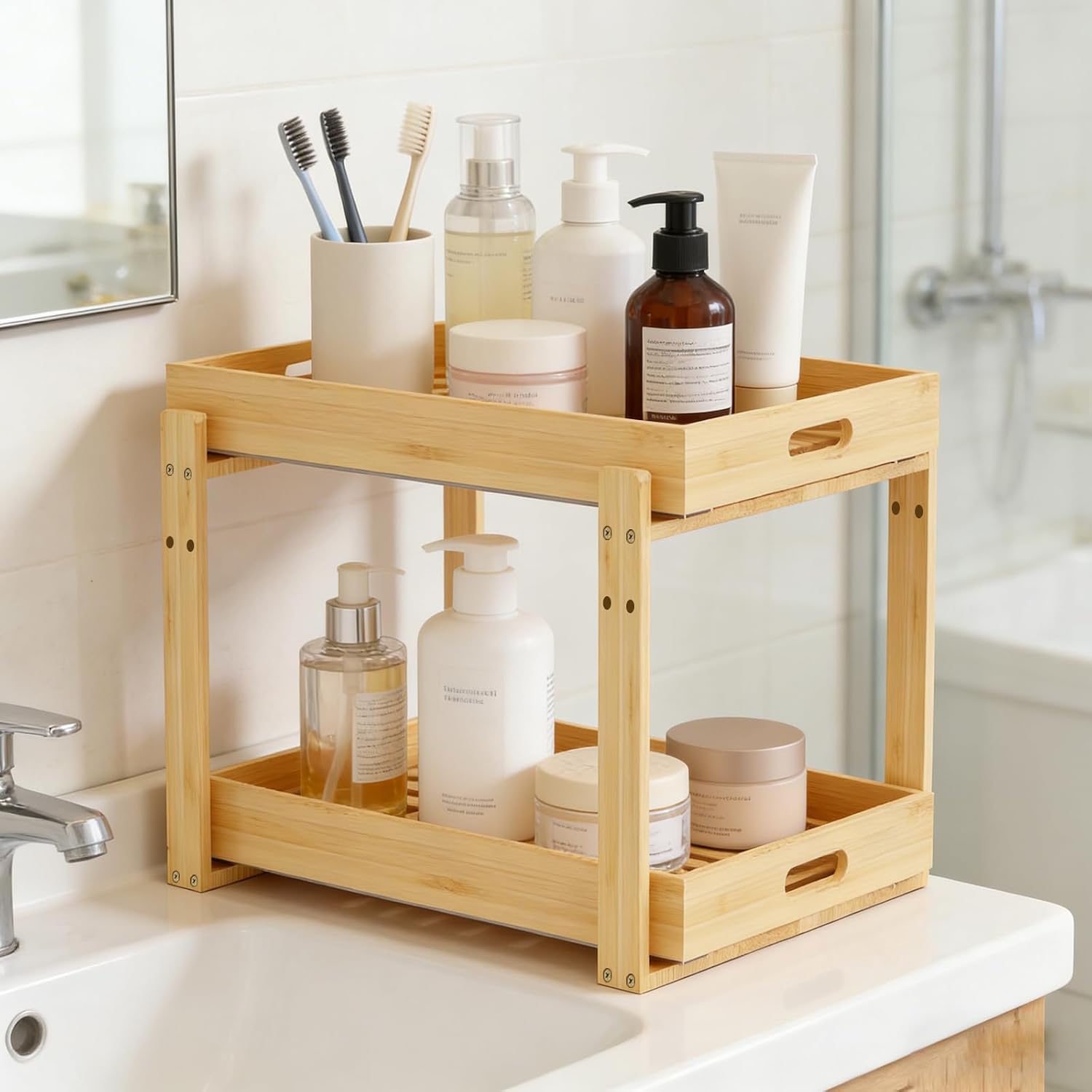 Under Sink Pull Out Organizer - Bamboo Cabinet Organizer 2-Tier with Adjustable Height, Undersink Storage Shelf Slide Out for Kitchen Bathroom Pantry Cabinet Brown