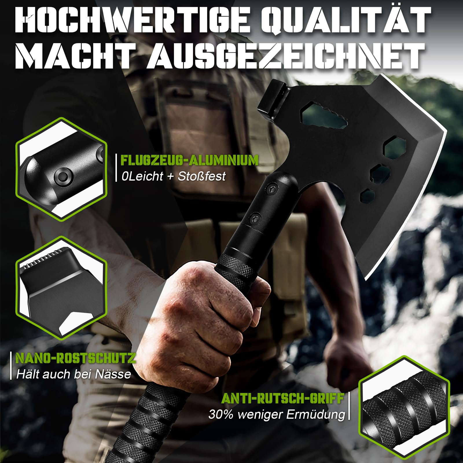 Japaknives Hacha de Supervivencia Hachas Multiusos de Doble Hoja Hacha de Camping 8 en 1 para Cortar leña bushcraft y jardinería
