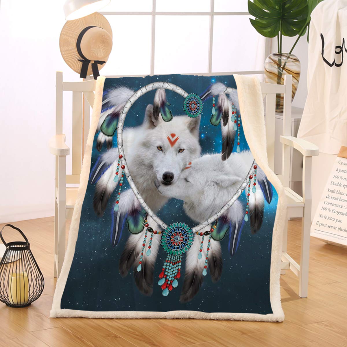 Blessliving White Wolf Print Animal Blanket Dream Catcher Fleece Blanket Feather Sherpa Lined Throw Blanket Twin/Double (150X200cm)