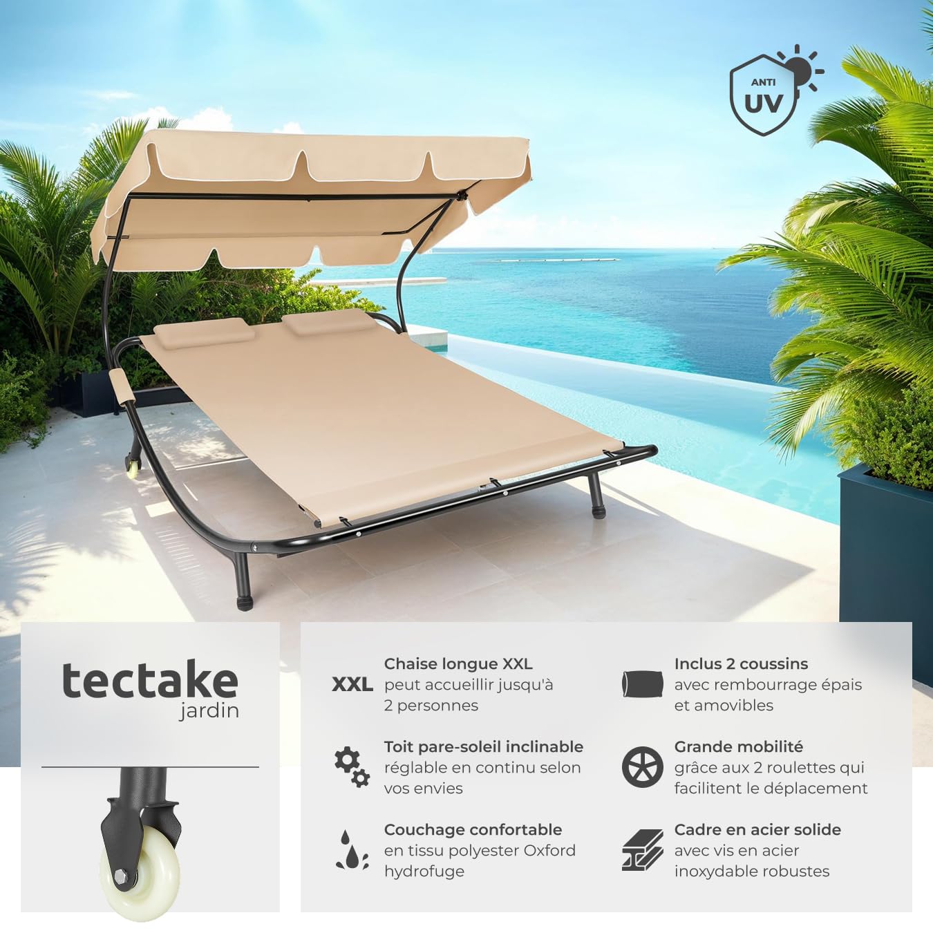 tectake® Bain de Soleil Jardin Exterieur Inclinable 2 Places avec Pare-Soleil Cadre en Acier 2 Coussins Inclus Chaise Longue Transat de Plage Relax Jardin Sun Lounger -Noir/Beige