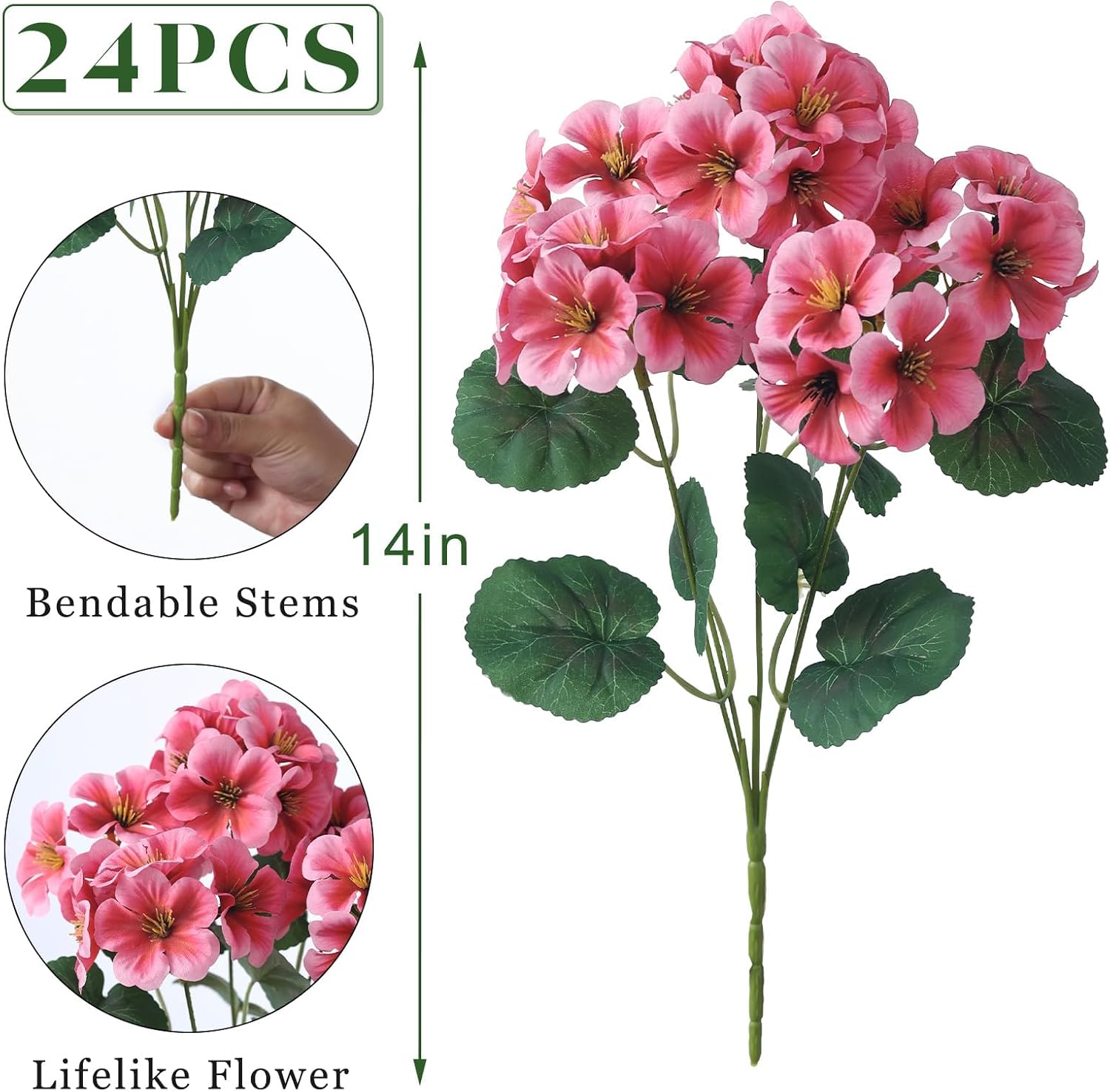 GLIDLION 24 Bundles Artificial Geranium Flowers for Spring Summer Decor, UV-Resistant Fake Plants Realistic Faux Silk Bouquets for Front Door Farmhouse Garden Porch Home Outdoor Decor (Peach Pink)