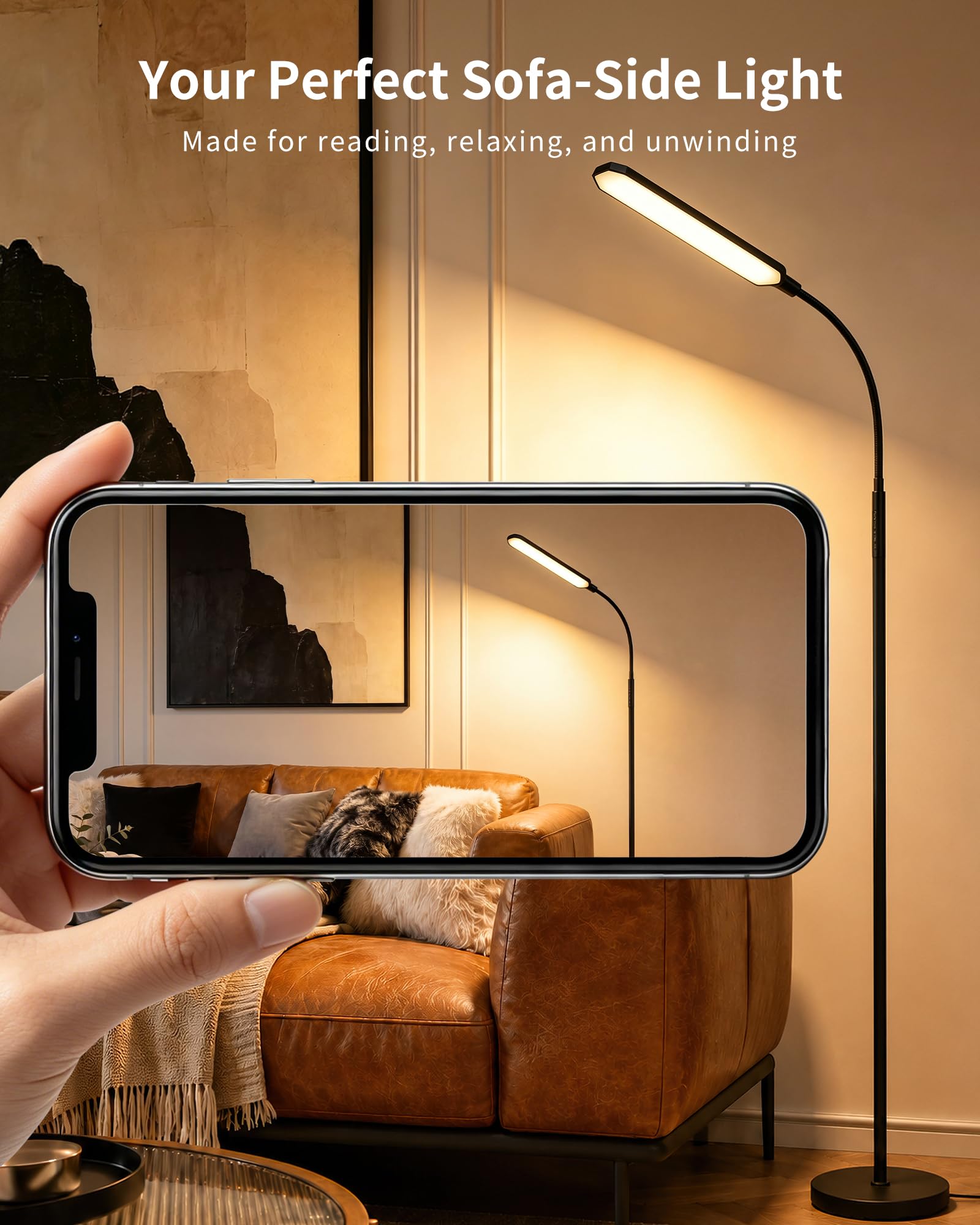 Lampe sur pied LED noire dimmable 18W avec télécommande, lampe de lecture moderne pour chambre salon bureau
