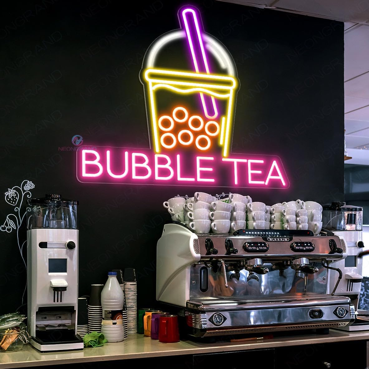 NeonGrand Boba tea Neon Sign (LARGE 27x23inches), Bubble Tea Neon Sign For Wall Decor With Dimmable Switch Light Led Sign For Bedroom, Nursery Descor (Bubble Tea 27x23''))