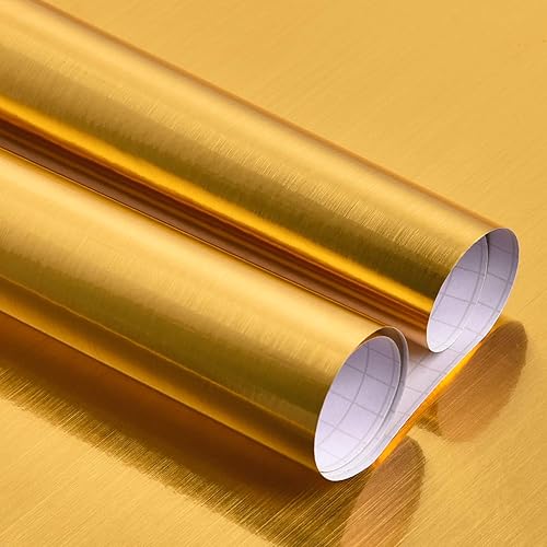 WENMER Papel tapiz dorado metálico de 17.71 x 118 pulgadas, papel de contacto dorado con aspecto de metal cepillado, papel tapiz autoadhesivo para