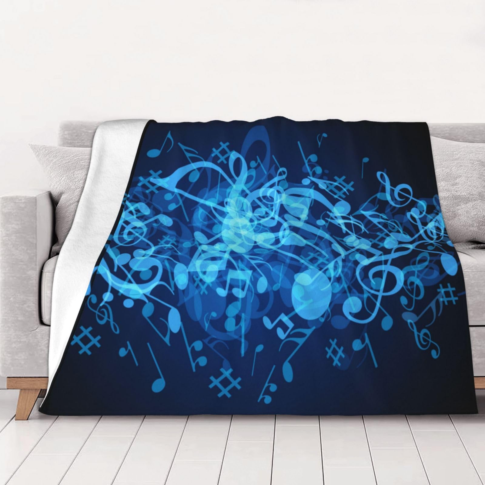 AUBKFELD Blue Musical Notes Printed Flannel Blanket 150x125 CM, Soft & Warm Throw Blanket for Sofa/Couch/Bed/Car, Gifts for Audlts Women Men