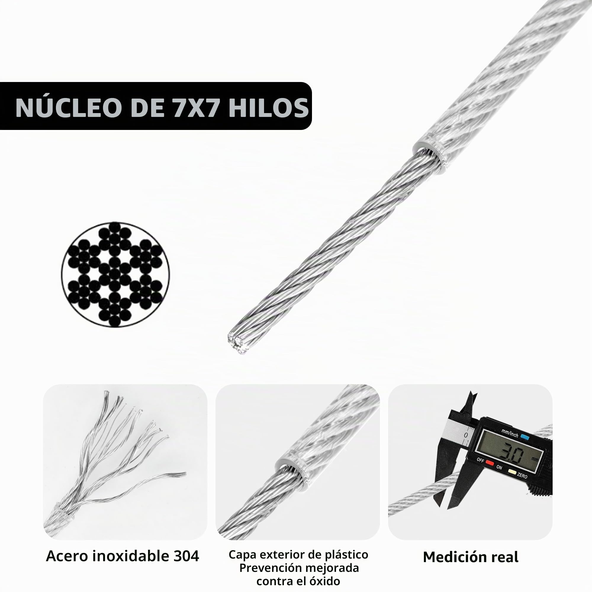 Cuerda de alambre de 3 mm con revestimiento de PVC, 50 m, cable resistente de acero inoxidable 304, cable de jardín, núcleo de 7 x 7 hebras, con 60 abrazaderas de crimpado