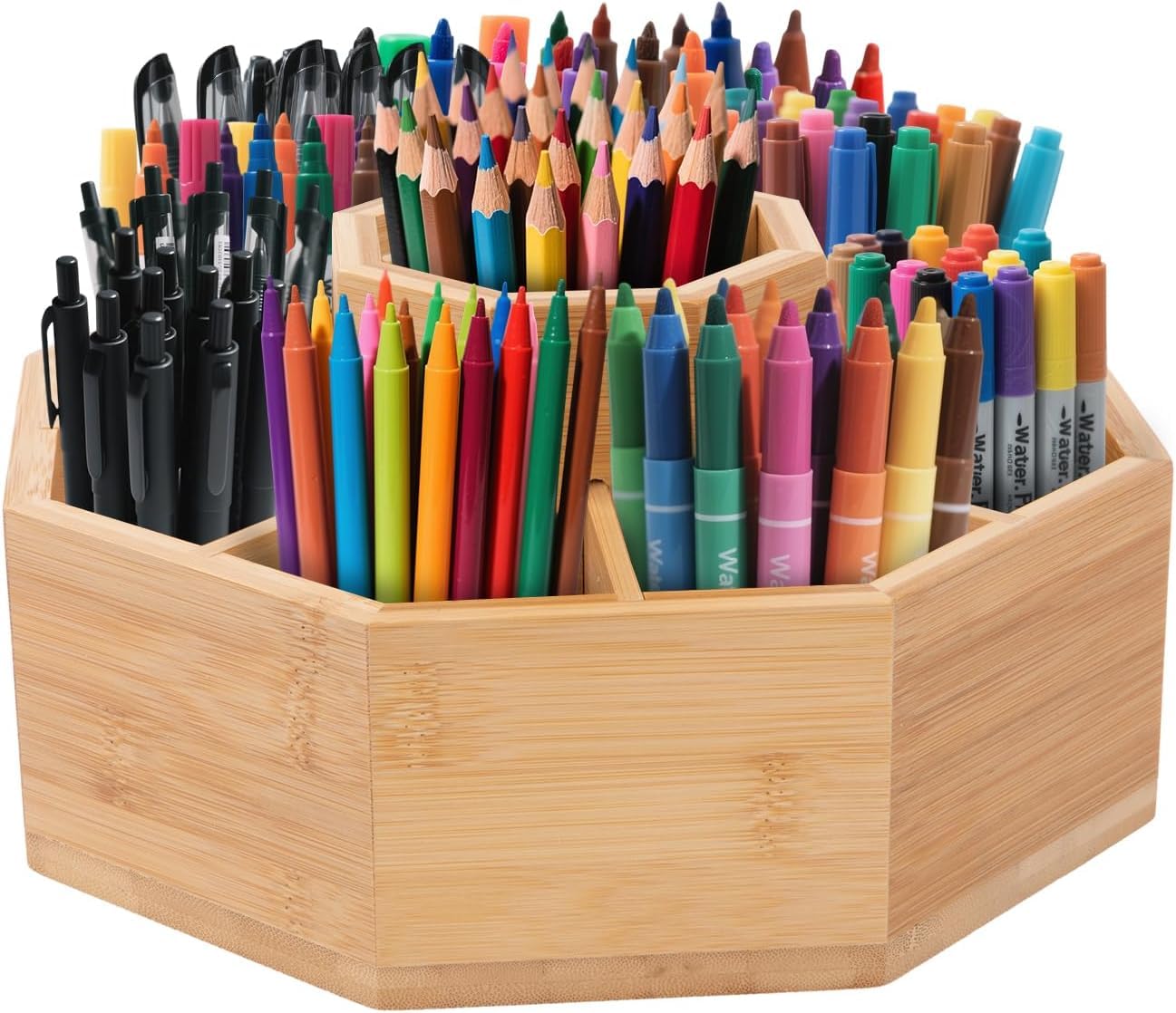 Terranook Wood Bamboo Rotating Pen Holder & Desk Organiser - 360° Spinning Marker Pen Storage With 8 Compartments, Holds 300+ Pens Pencils Markers Brushes For Office, Artist, School Use (Wood)