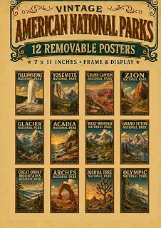 Vintage American National Parks: 12 Vintage Travel Art Posters for Home, Cabin & Lodge Decor (12 Posters to Frame & Display)