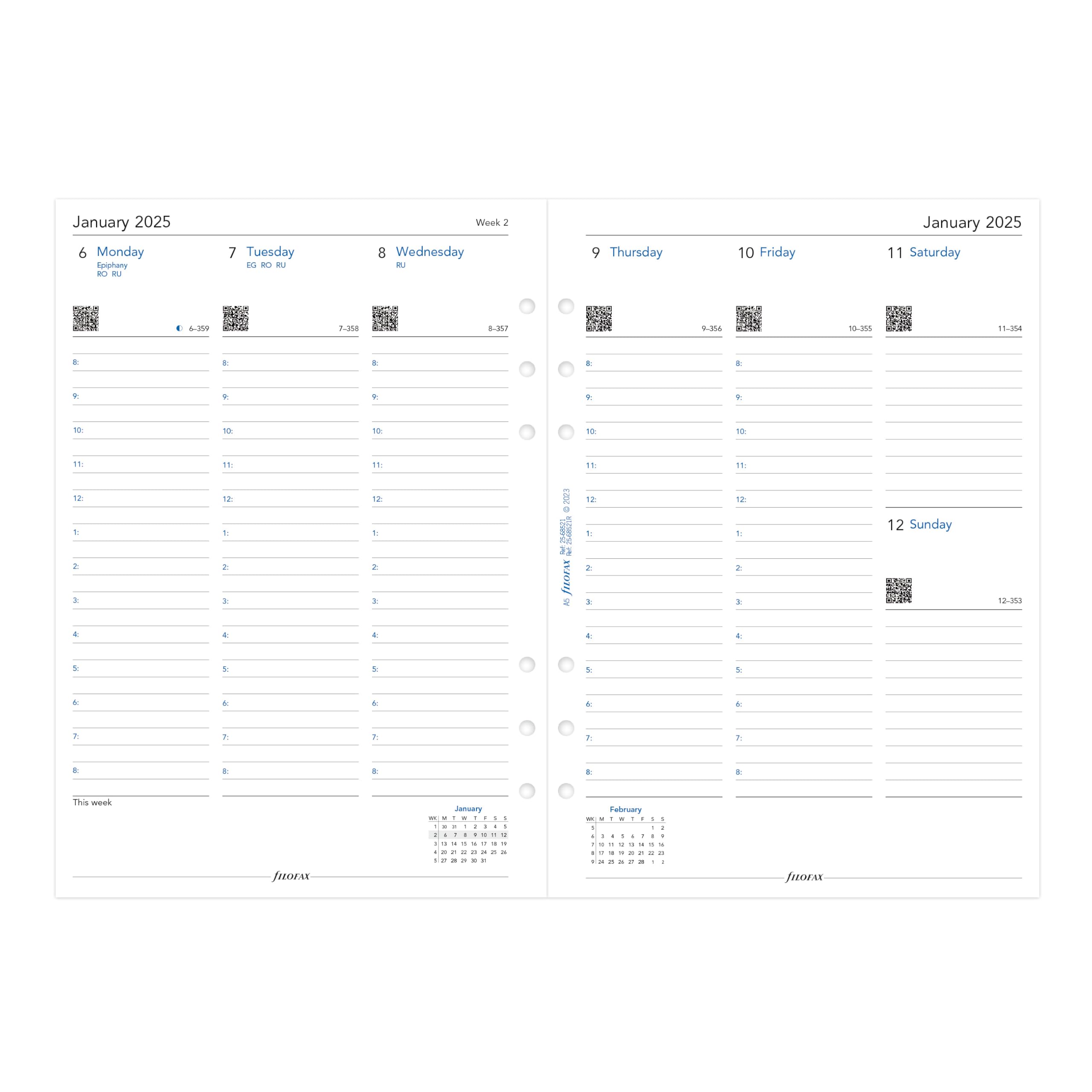 Filofax Ricarica per agenda con calendario, formato A5, visualizzazione settimanale con appuntamenti, carta bianca, in lingua inglese 2025 (C68521-25)