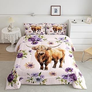 Highland Cow Twin Size Down Comforter Set,Rustic Farmhouse Style Animal Duvet/Quilt Set Soft Bed Collection,Purple Flowers Country White Bedding Comforter for Boys Girls Bedroom,2 Pcs
