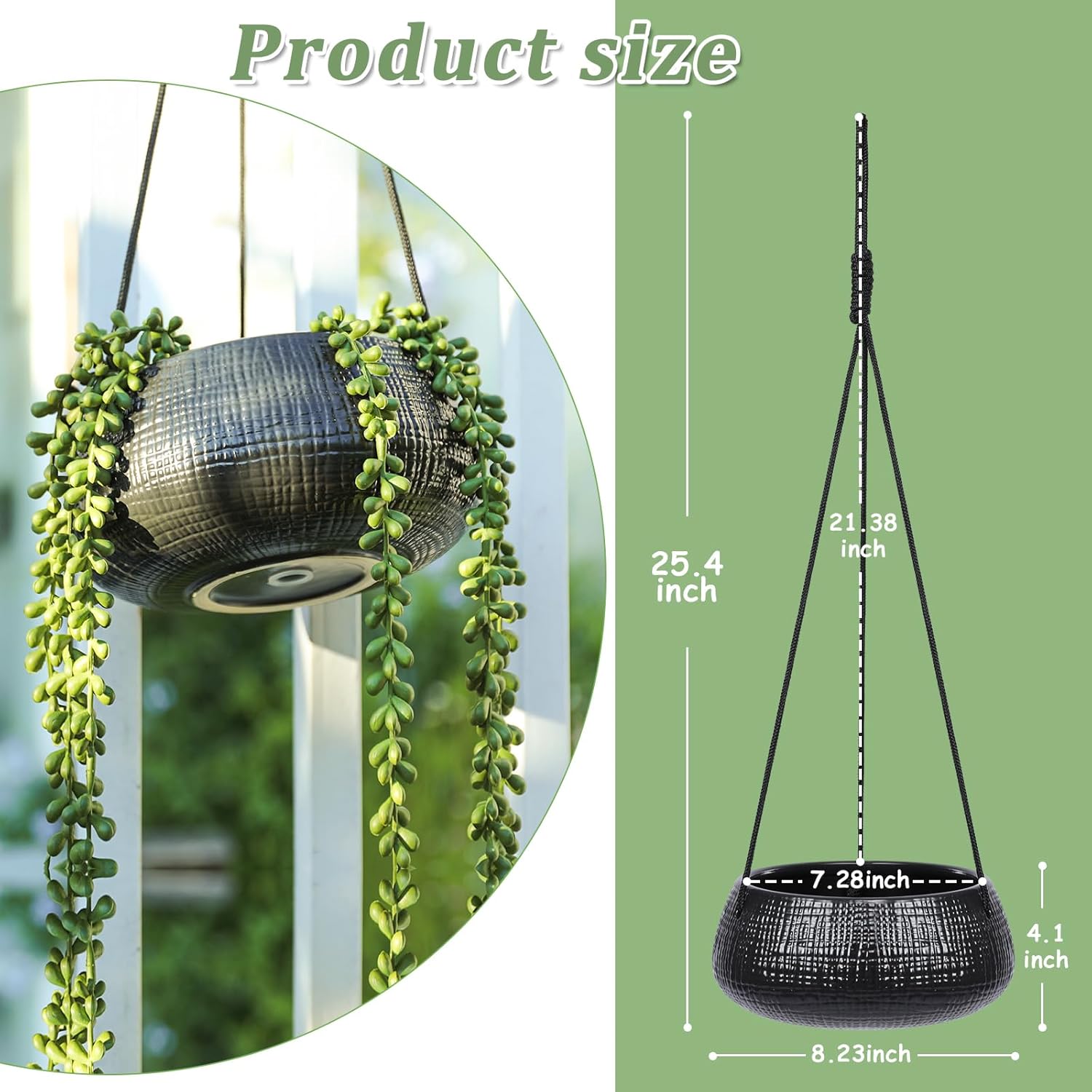 8 Inch Hanging Planters for Indoor Plants - Small Hanging Flower Pots with Drainage Holes Round Ceramics Hanging Plant Pots Black