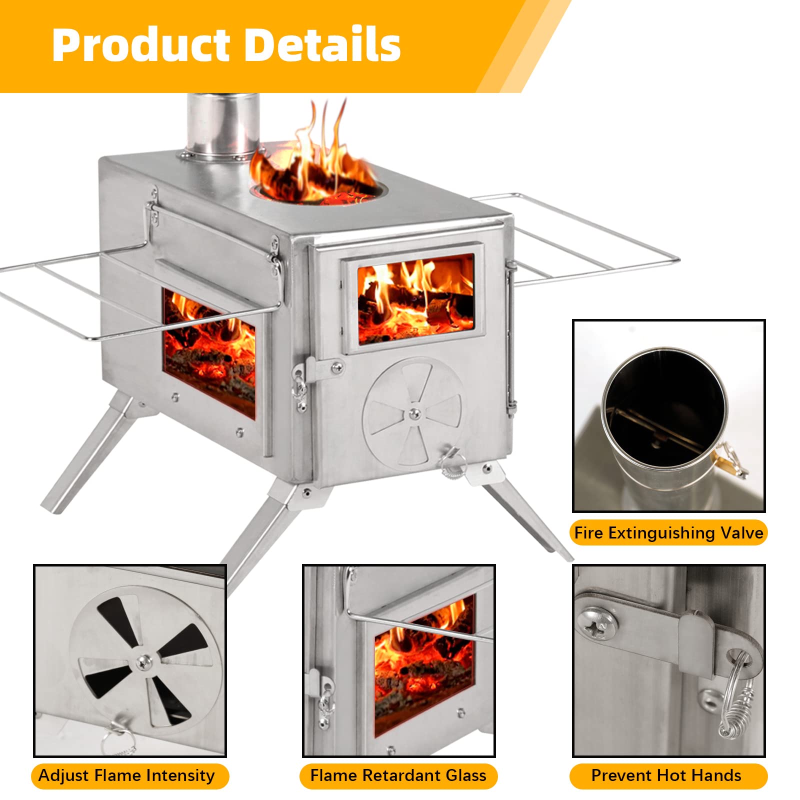 Amazon.com: GRAVFORCE Camping Hot Tent Stove, Portable Wood Burning Stove  for Outdoor, Stainless Steel Small Camping Stove with Sectional Chimney  Pipes u0026 Tent Stove Jack for Heating and Cooking, Backpacking : Sports
