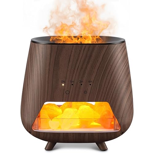 JJNJJN Essential Oil Diffuser for Home - Aromatherapy Diffuser with Pure Himalayan Pink Salt Rock, 200ml Wood Grain Scent Diffuser, Cool Mist Humidifier with 9 Colors LED Light for Bedroom, Black - Black
