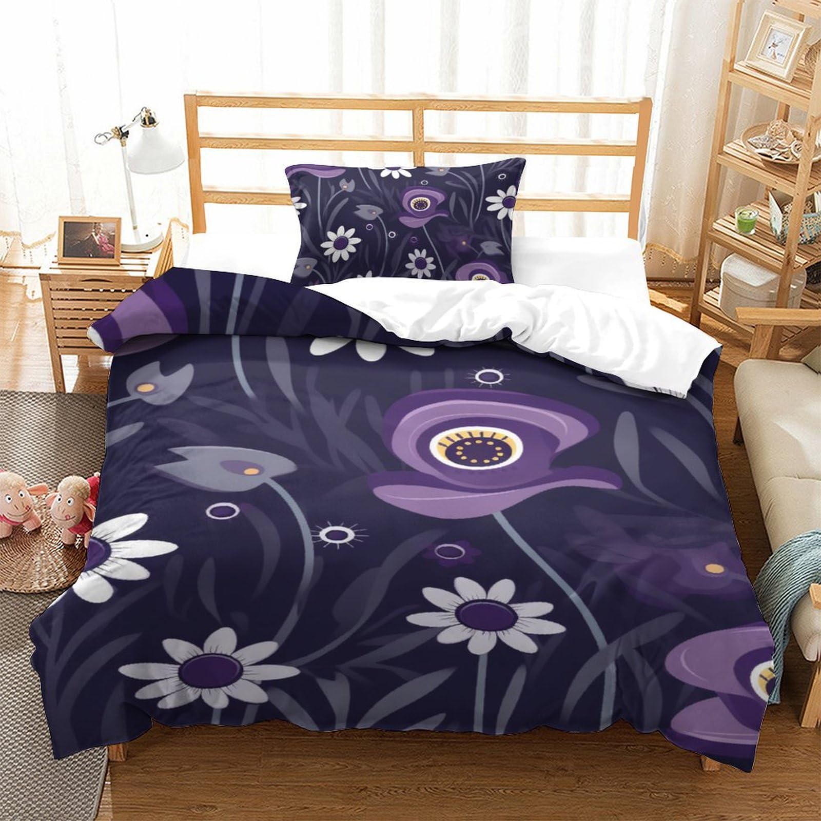 Housse de couette fleurs en microfibre 135x200cm avec sa taie d'oreiller pour lit simple