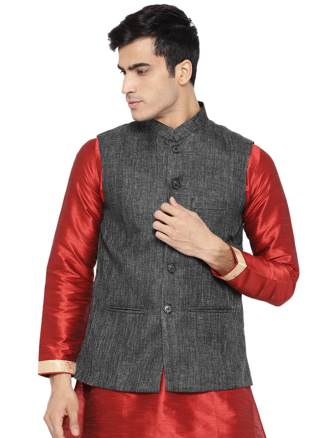 vastraa fusion Men's Blended Bandhgala Festive Nehru Jacket/Waistcoat/Vest - Dark Grey-picture-22