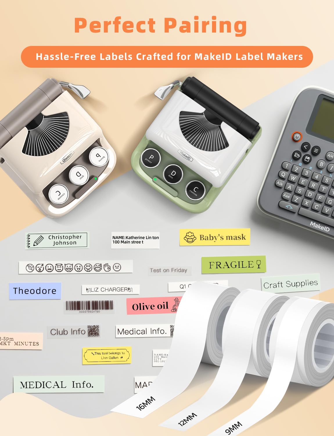 MakeID L1 Q1 E1 - Cinta para etiquetas, 5 paquetes de 16 mm x 4 m, recargas impermeables laminadas adhesivas personalizadas para oficina, casa, etiquetas adhesivas térmicas de repuesto