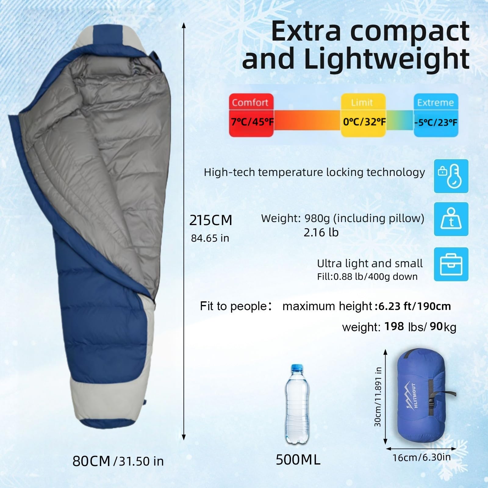 Saco de Dormir Ultraligero de Plumón para Senderismo, Excursionismo y Acampada Outdoor