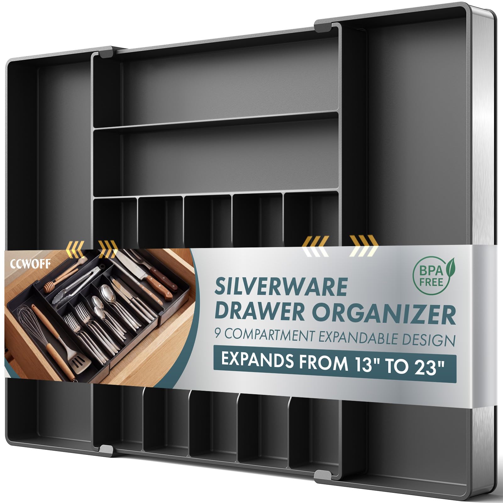 Organizzatore di argento extra grande, Organizzatore di cassetto da cucina espandibile a 9 slot, Portautensili nero